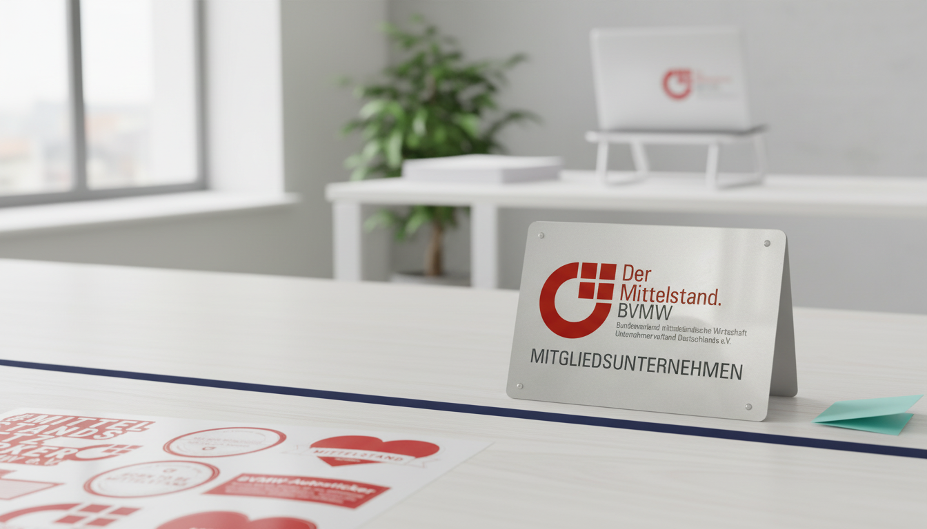 BVMW-Mitgliedsschild von MavieOne im Büro