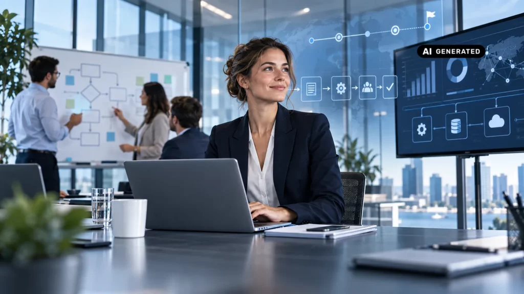 Beraterin am Laptop vor ERP-Dashboard und Prozessdiagramm