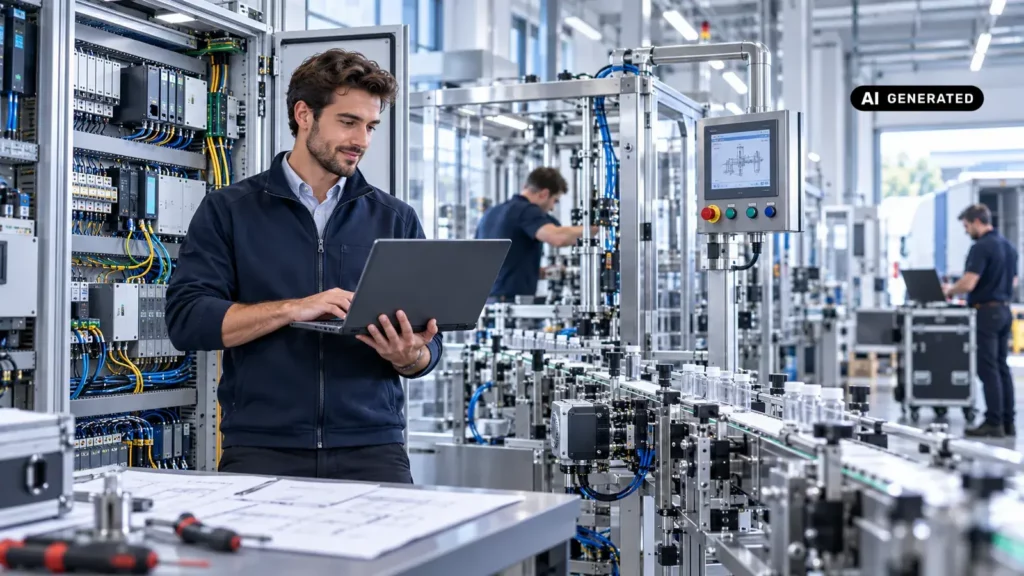 Automatisierungstechniker mit Laptop am Schaltschrank